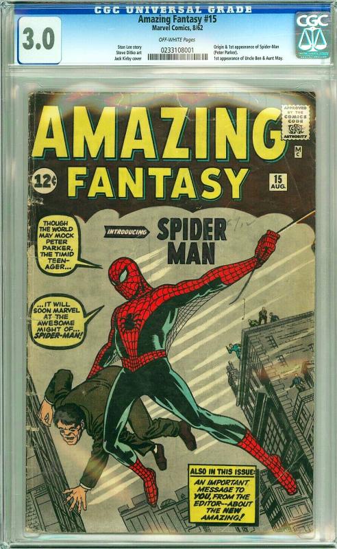 Amazing Fantasy #15 CGC Graded 3.0 O/W Pages; 1st Spider-Man