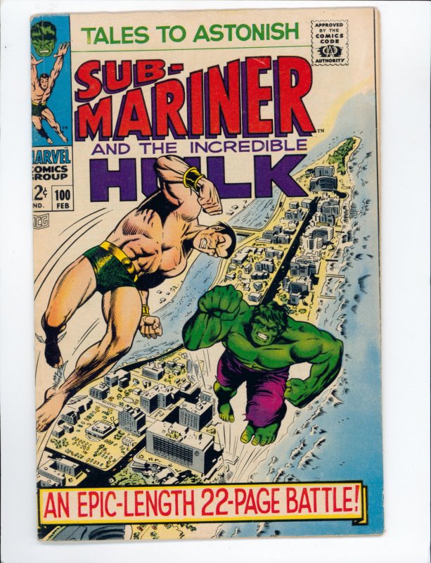 Tales to Astonish #100 1968 Classic battle of the Hulk vs Namor the Sub-Mariner