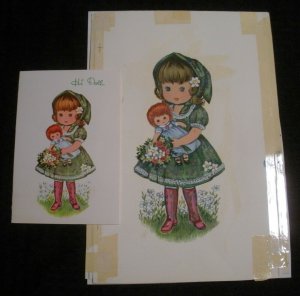 HAPPY BIRTHDAY Cute Girl w/ Doll & Flowers 8x11 Greeting Card Art #B1162