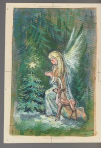 MERRY CHRISTMAS Blonde Girl w/ Fawn Praying at Tree 6.5x9 Greeting Card Art #59