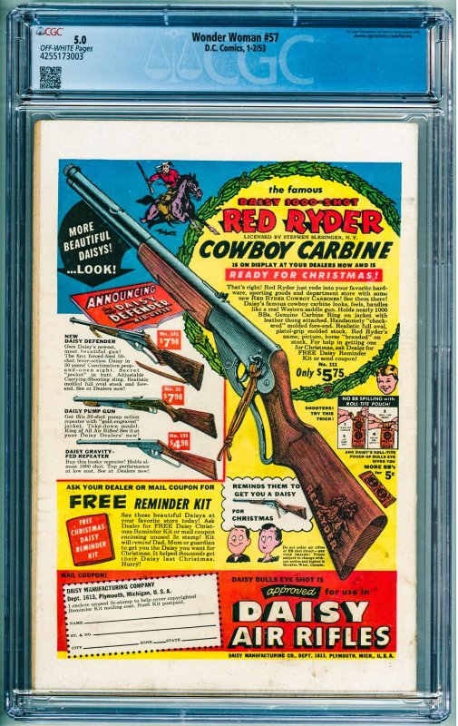 Wonder Woman #57 (1953) CGC 5.0! OW Pages!