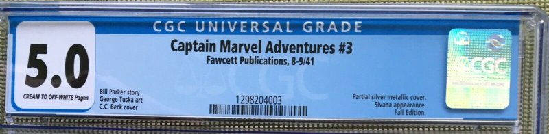 CAPTAIN MARVEL ADVENTURES #3 CGC 5.0 -- SIVANNA APPEARANCE C.C. BECK SHAZAM