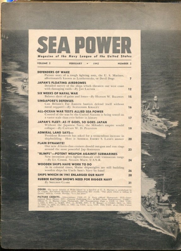 Sea Power 2/1942-McClelland Barclay cover-defenders of Wake Island-war pix &i...