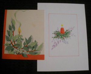 CHRISTMAS Red & Green Candle w/ Branches 2pc 5.5x7.5 Greeting Card Art #114