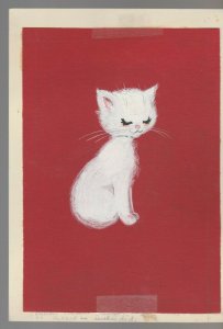 PAINTED SOMBER WHITE CAT on Red Background 7x10 #nn Greeting Card Art