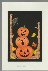 3 PUMPKIN TOTEM w/ Spider Web & Leaves 7x10 #7131 Halloween Greeting Card Art