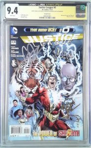 JUSTICE LEAGUE (2011) #0 B CGC 9.4 SIGNED JOHNS PRADO REIS X3 (SLAB GRADE)