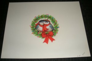 CHRISTMAS Cute Love Birds w/ Wreath & Bow 8.5x6.75 Greeting Card Art #22