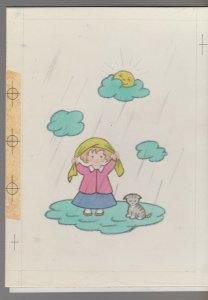 RAINY DAY Cute Girl in the Rain w/ Grumpy Cat Sun 6x8 Greeting Card Art #C6538 