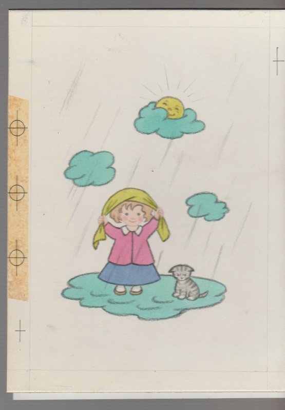 RAINY DAY Cute Girl in the Rain w/ Grumpy Cat Sun 6x8 Greeting Card Art #C6538