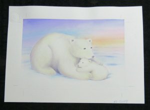 MERRY CHRISTMAS Polar Bear with Cub 10x7.5 Greeting Card Art #X5048