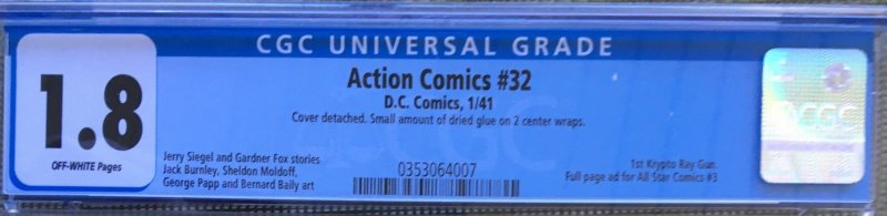 Action Comics #32 (1941) CGC 1.8 -- 1st Krypto Ray Gun! Jerry Seigel Gardner Fox