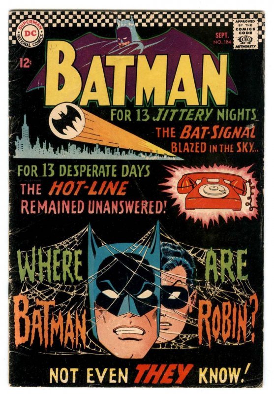 Batman 184 Sept 1966 Classic Bat Signal & Bat Phone Cover Robin Bat-mobile Story 