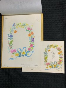 FOR YOU Bird Flowers Blue Ribbon Border 8x11 Greeting Card Art #1671 w/ 3 Cards