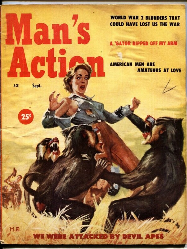 MAN'S ACTION-SEPT-1957-Wild baboons tear shirt off woman-Cheesecake-dope