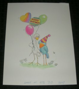 HAPPY BIRTHDAY Cartoon Chicken & Bird w/ Balloons 7x9 Greeting Card Art #8547