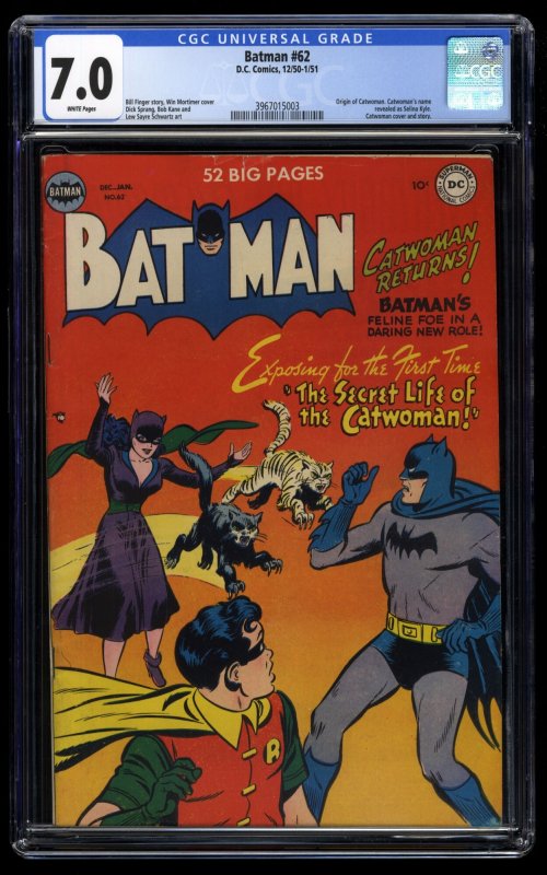 Batman #62 CGC FN/VF 7.0 White Pages Catwoman Cover 1st Mention of Selina Kyle!