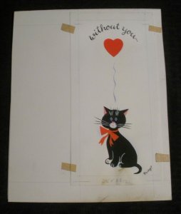 VALENTINE Cartoon Black Cat Without You Heart 5x10 Greeting Card Art #V3812