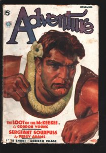 Adventure 11/1939-Hubert Rogers cover art-Exciting pulp fiction by Luke Scott...