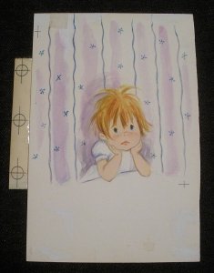 FEELING BLUE? Cute Girl w Head in Hands 4.5x6.5 Greeting Card Art #C1686