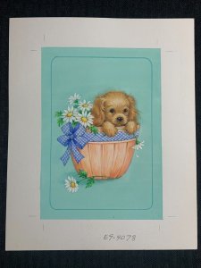 FRINDSHIP IS... Cute Puppy in Basket w/ Flowers 7.5x9 Greeting Card Art #4078