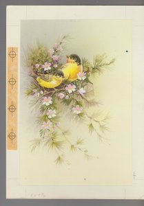 WEDDING ANNIVERSARY Yellow Birds w/ Pink Flowers 7x10 Greeting Card Art #WA9052