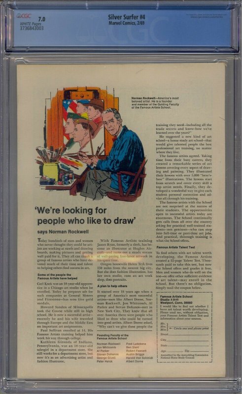 SILVER SURFER #4 CGC 7.0 THOR VS SILVER SURFER COVER WHITE PAGES