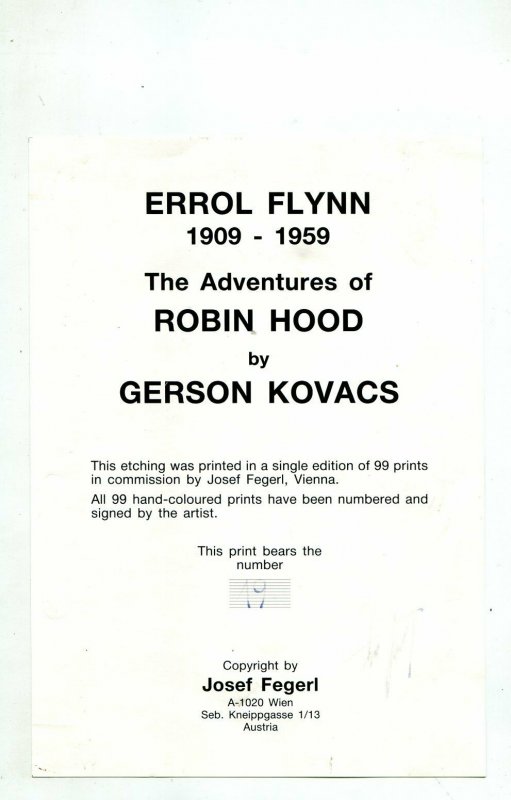 Errol Flynn as Robin Hood Etching by Gerson Kovacs