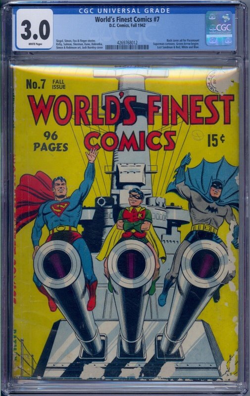 WORLD'S FINEST COMICS #7 CGC 3.0 SUPERMAN BATMAN ROBIN GREEN ARROW WHITE PAGES