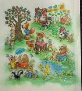 CUTE ANIMALS Fox Bear Raccoon Koala Skunk Duck 11.5x16.5 Greeting Card Art #7079