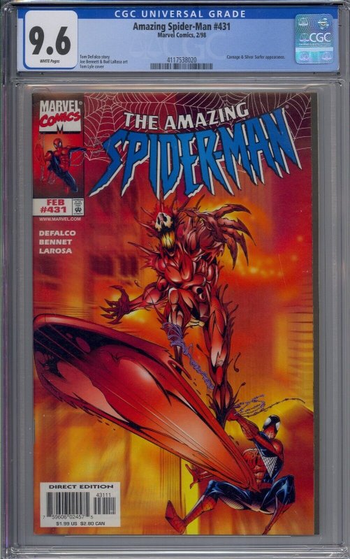 AMAZING SPIDER-MAN #431 CGC 9.6 CARNAGE COSMIC WHITE PAGES 