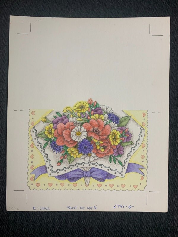 BLANK NOTE Colorful  Flowers w/ Purple Ribbon 8x9.5 Greeting Card Art #2012