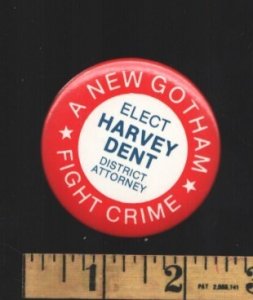 Batman-Gotham City-Elect Harvey Dent D.A. Pin Back Button-1988-red-2⅛