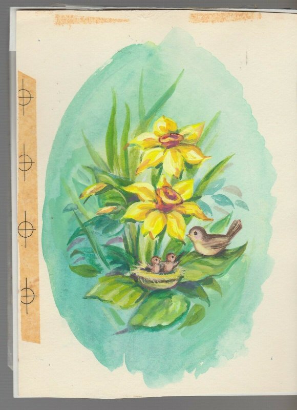 SPRING IS HERE Birds in Nest w/ Yellow Flowers 6x8 Greeting Card Art #E2457