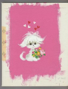 VALENTINE Shaggy White Dog w/ Flowers and Hearts 8x10 Greeting Card Art #V3864