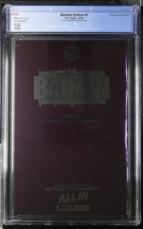 ABSOLUTE BATMAN #1 DC 2ND PRINT NICK DRAGOTTA FOIL VIRGIN VARIANT CGC 9.8 NM