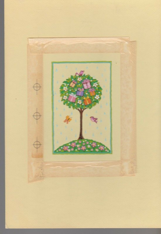 A SHOWER Cute Birds w/ Gift Presents Tree 7.5x11 Greeting Card Art #620