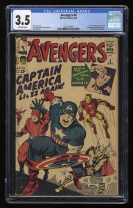 Avengers #4 CGC VG- 3.5 Off White 1st Silver Age Captain America!
