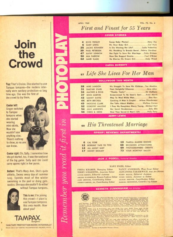 Photoplay-Lennon Sisters-Dino Martin-Mia Farrow-Elvis-April-1968