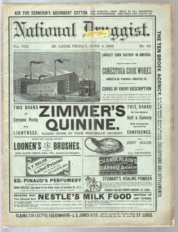 National Druggist 6/4/1886-cocaine ads-diarrhea remedy-historic-rare-VG