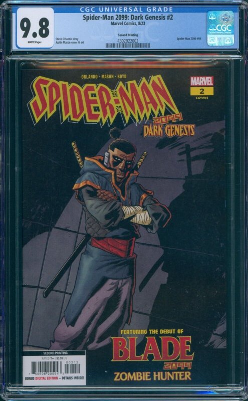 Spider-Man 2099 Dark Genesis #2 CGC 9.8 2nd Print 1st Blade 2099 Marvel 2023