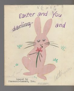 EASTER AND YOU Pink Bunny Rabbit w/ Flower 5.5x6.25 Greeting Card Art #E2416