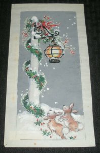 MERRY CHRISTMAS Cute Rabbits w/ Lamp Post 4.5x8.5 Greeting Card Art #25