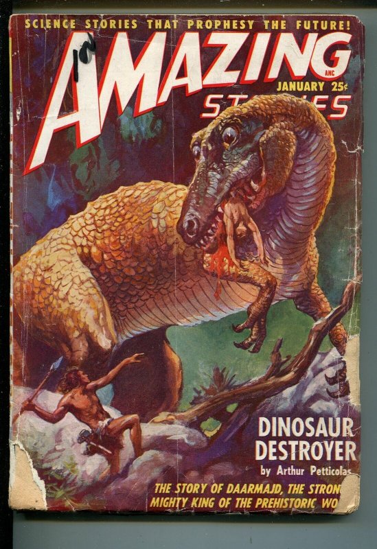 Amazing Stories 1/1949-Ziff-Davis-pulp sci-fi-bloody dinosaur-J Allen St John-G