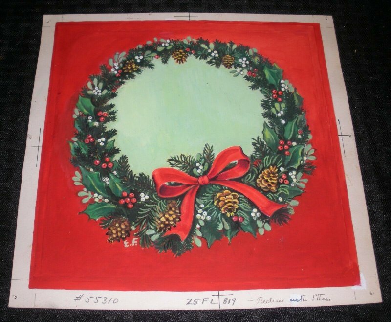 CHRISTMAS Classic Wreath w/ Pine Cones & Holly 9.5x9.5 Greeting Card Art #55310