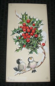 CHRISTMAS Cartoon Painted Birds w/ Poinsettias 5x10 Greeting Card Art #1504