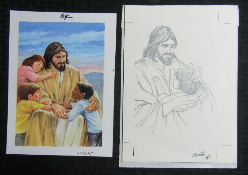 MERRY CHRISTMAS Pencil Jesus with Small Child 6.5x9.5 Greeting Card Art #X2445