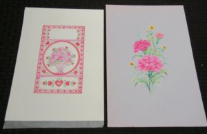 VALENTINES pink Flowers & Hearts 7x10.5 LOT of 2 Greeting Card Art #3516 7513