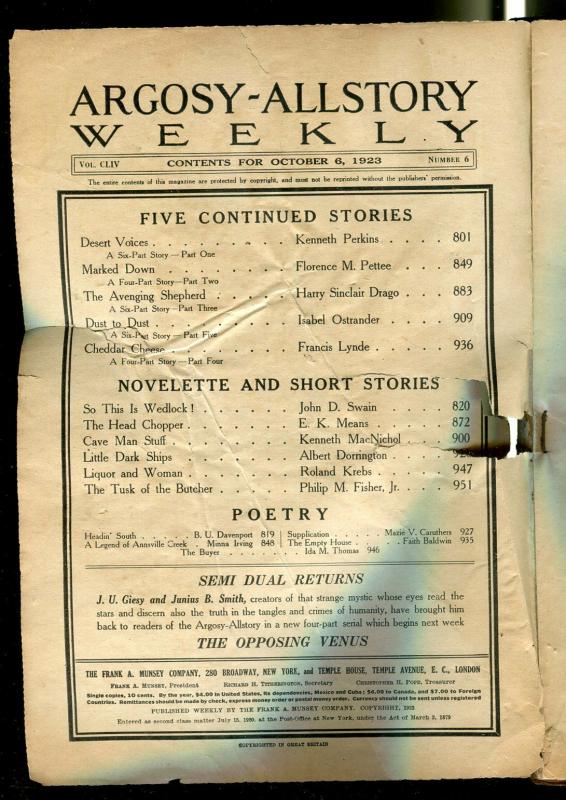 Argosy All-Story Weekly Pulp October 6 1923- coverless copy