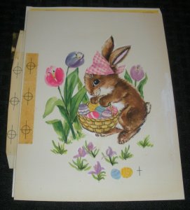 HAPPY EASTER Bunny w Bandana Eggs Basket Flowers 6.25x8 Greeting Card Art #2240